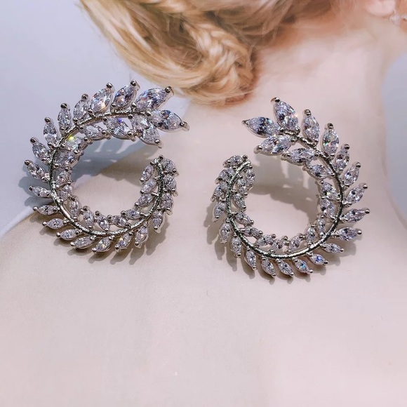 Silver Pated Leaf Geometric Rhinestone Statement Earrings - Picture 4 of 5